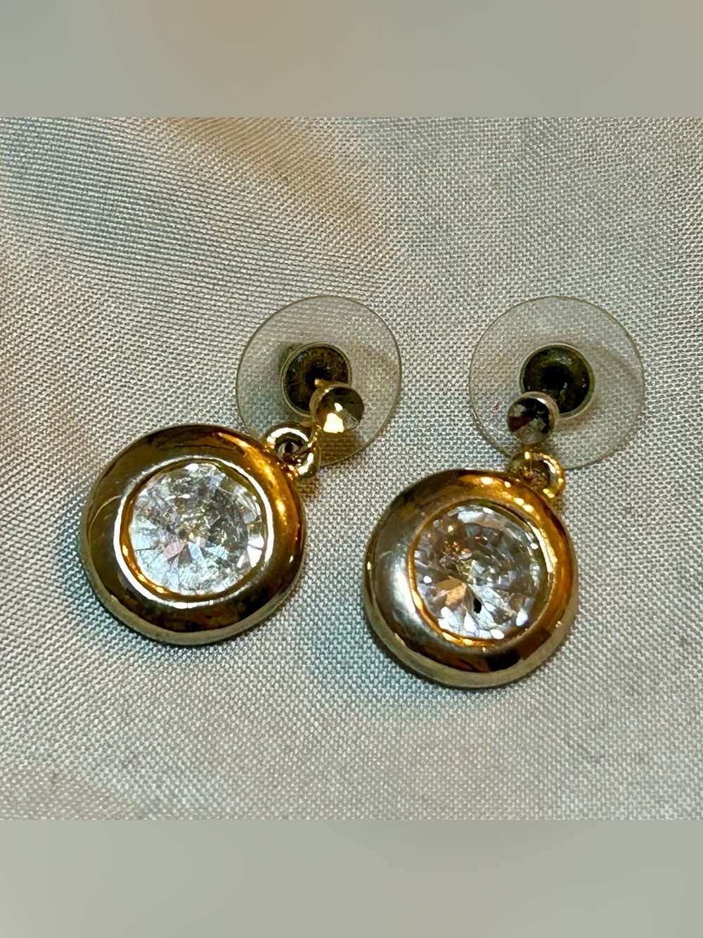Vintage Gold Drop Earrings with Rhinestone Crystal Center from Spain